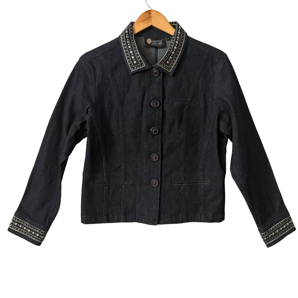 Christine Alexander Sz Md Dark Wash Rhinestone Studded Denim Jacket Western Glam